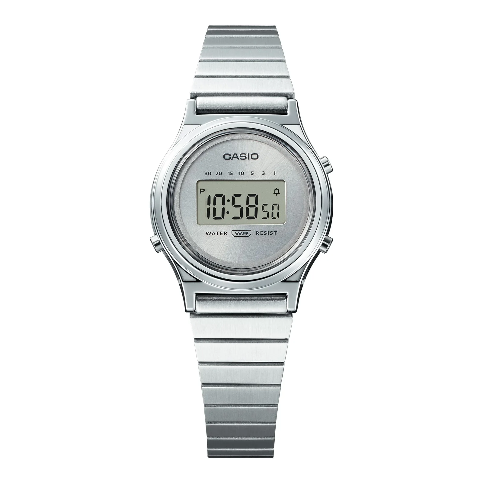 Gehäuse und Armband der CASIO VINTAGE COLLECTION Armbanduhr LA700WE-7A direkt von vorn.