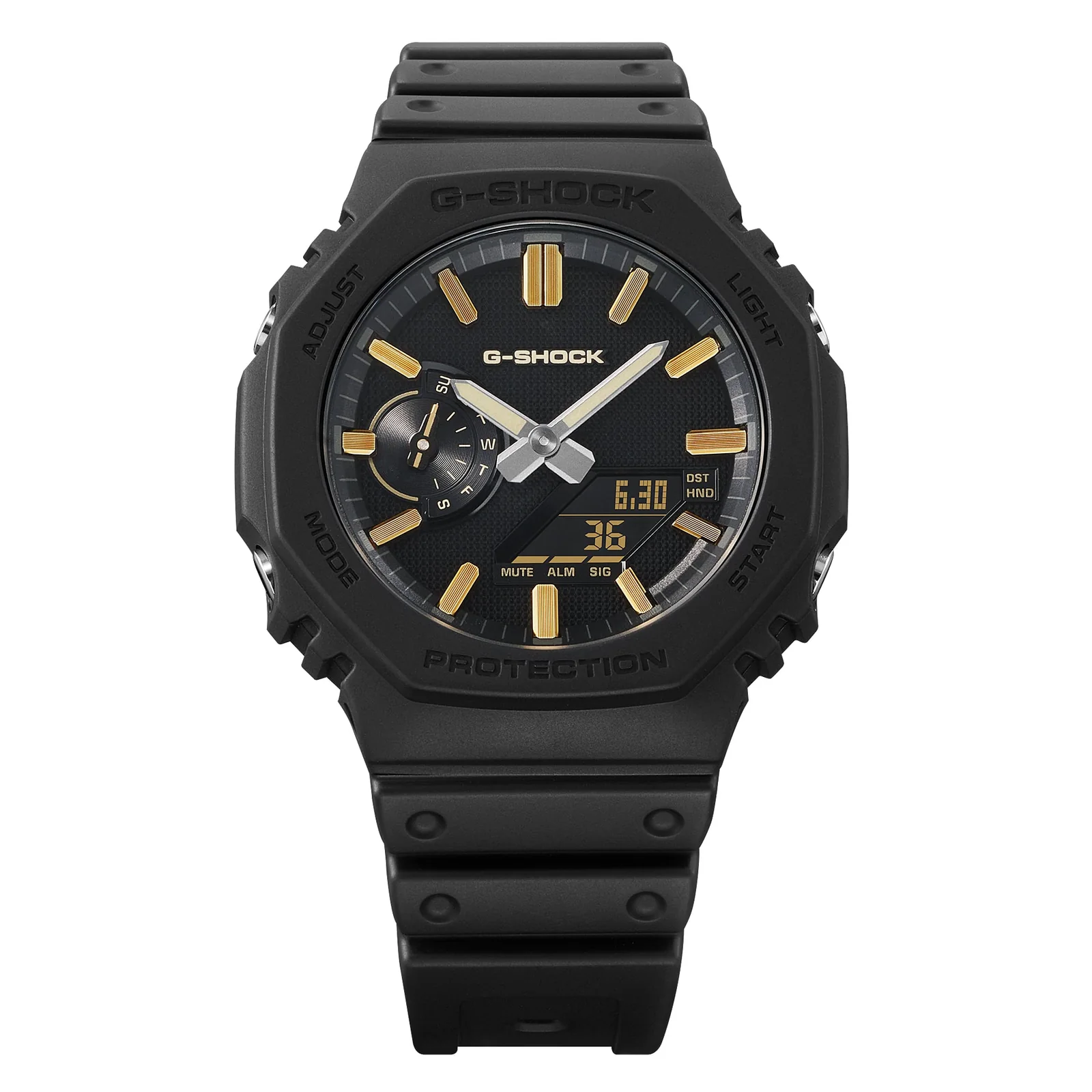 Auf der mattschwarzen Oberfläche des Zifferblattes der Armbanduhr GA-2100LXB-1A9ER kommen die goldenen Akzente zur Geltung