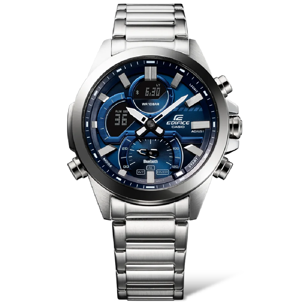 Gehäuse und Armband der EDIFICE Armbanduhr ECB-30D-2A direkt von vorn.