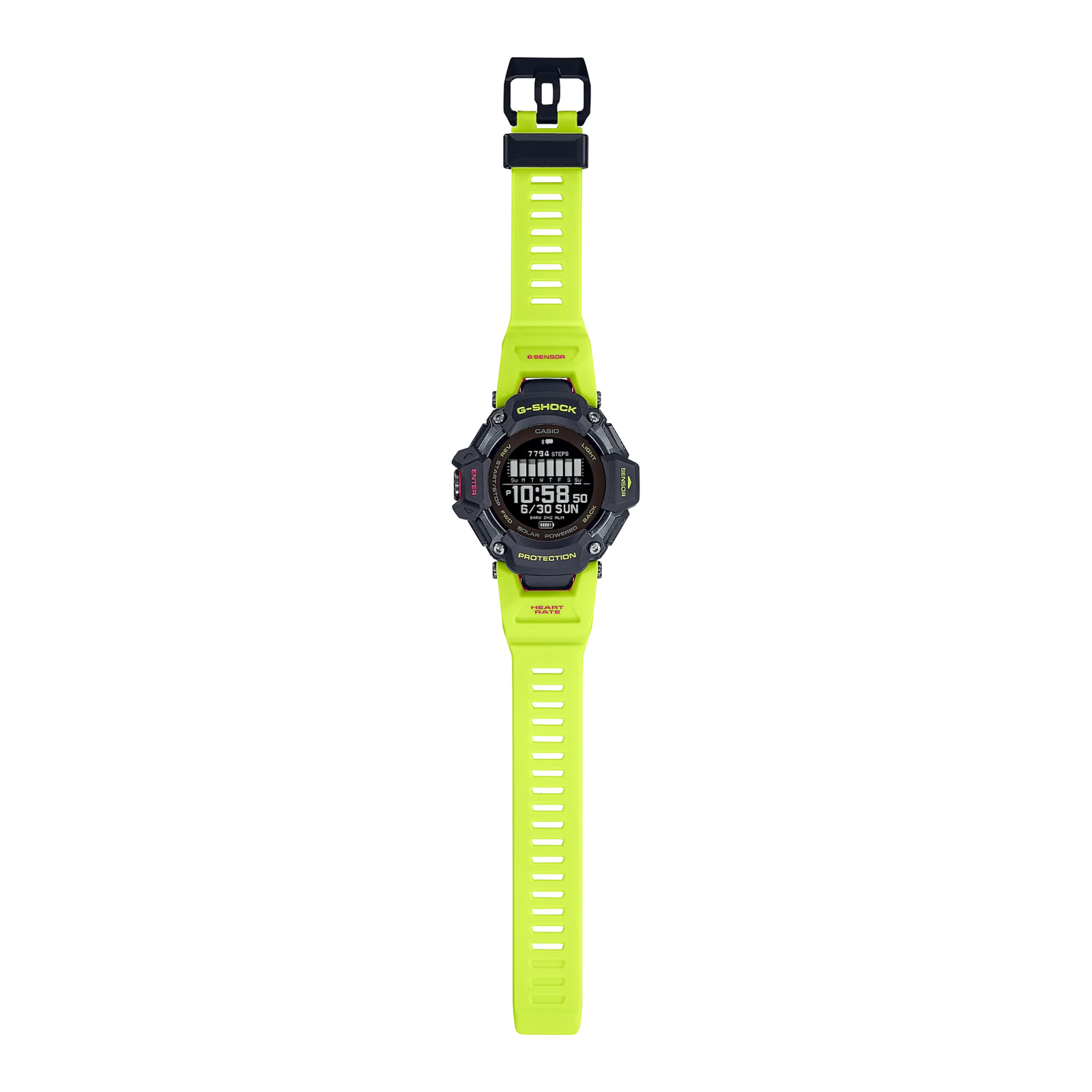Komplettansicht der G-SQUAD GBD-H2000-1A9 Outdoor-Uhr mit neongelben Resin-Armband und schwarzen Kunststoffgehäuse