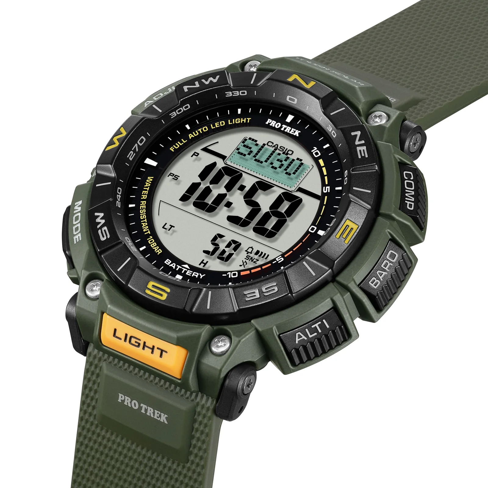 Die seitliche Nahaufnahme der PRO TREK Armbanduhr PRG-340-3 zeigt die schwarzen Bedientasten "Alti", "Baro" und "Comp" rechts außen am Gehäuse und die leuchtend gelbe Fronttaste "Light".
