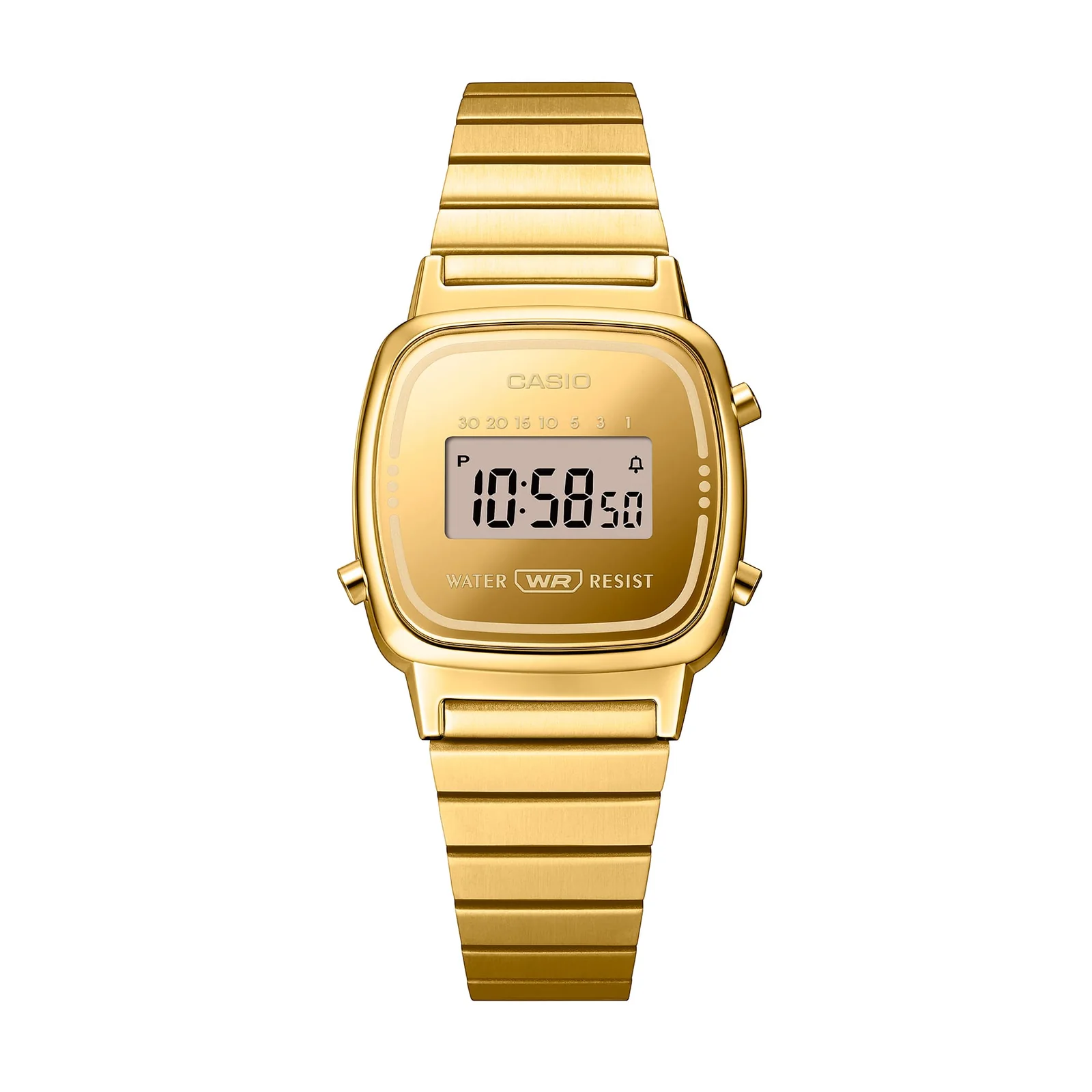 Frontansicht der goldenen Armbanduhr LA670WEGS-9AEF mit WATER RESIST Schriftzug unter dem Digitaldisplay