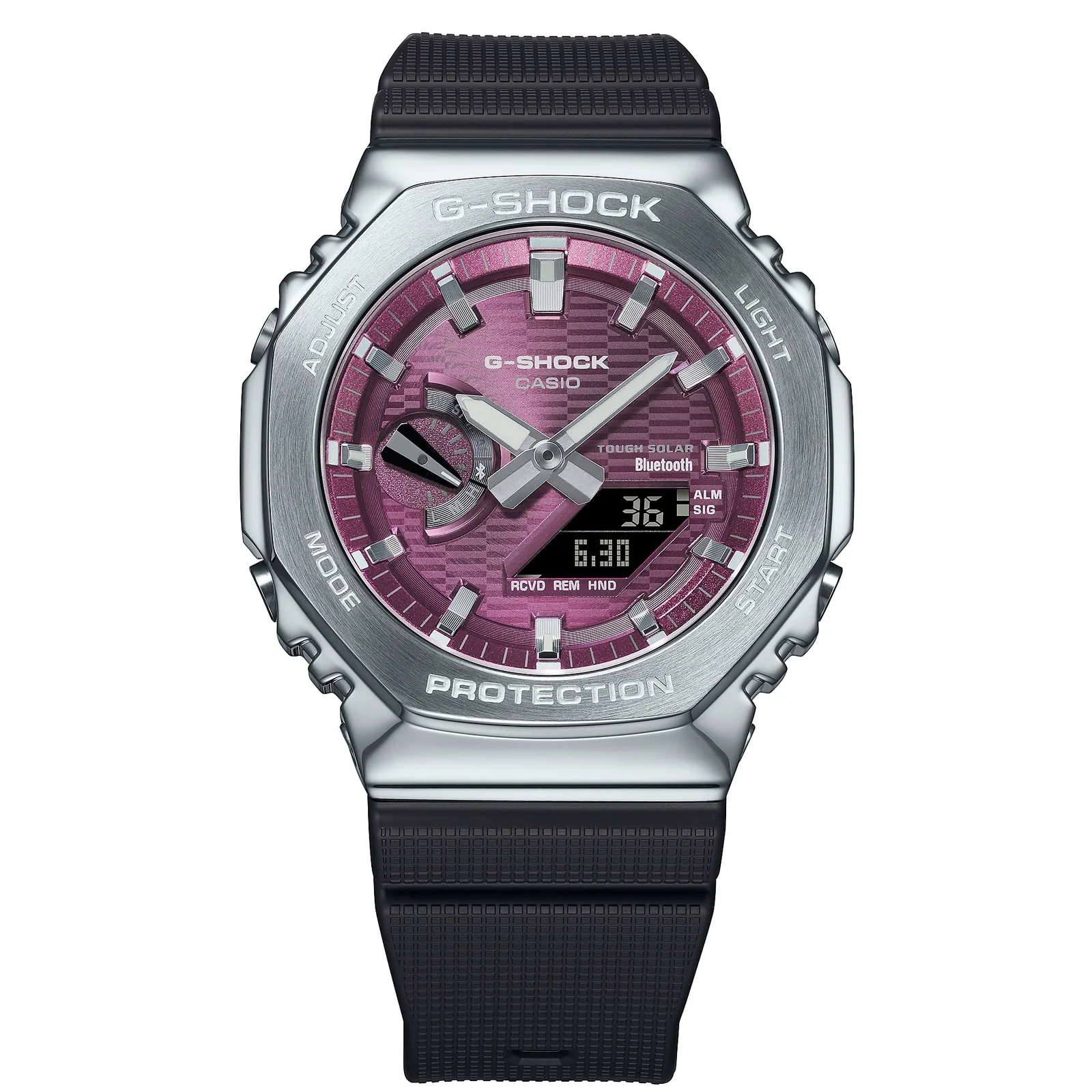 Frontansicht der GBM-2100A-4BER mit silbernem Gehäuse, schwarzem Resin-Armband und burgunderrotem Zifferblatt