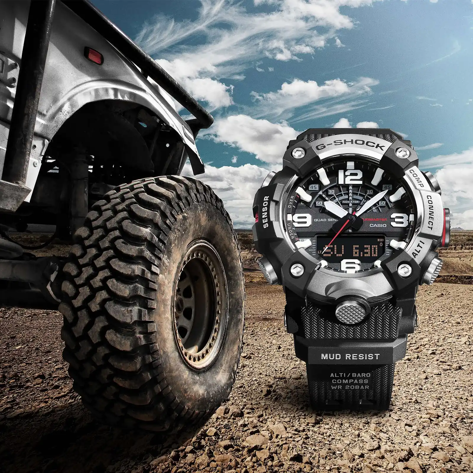 Die MUDMASTER GG-B100XM-1AER ist neben einem Geländewagen abgebildet, welcher auf einem steinigen Boden steht