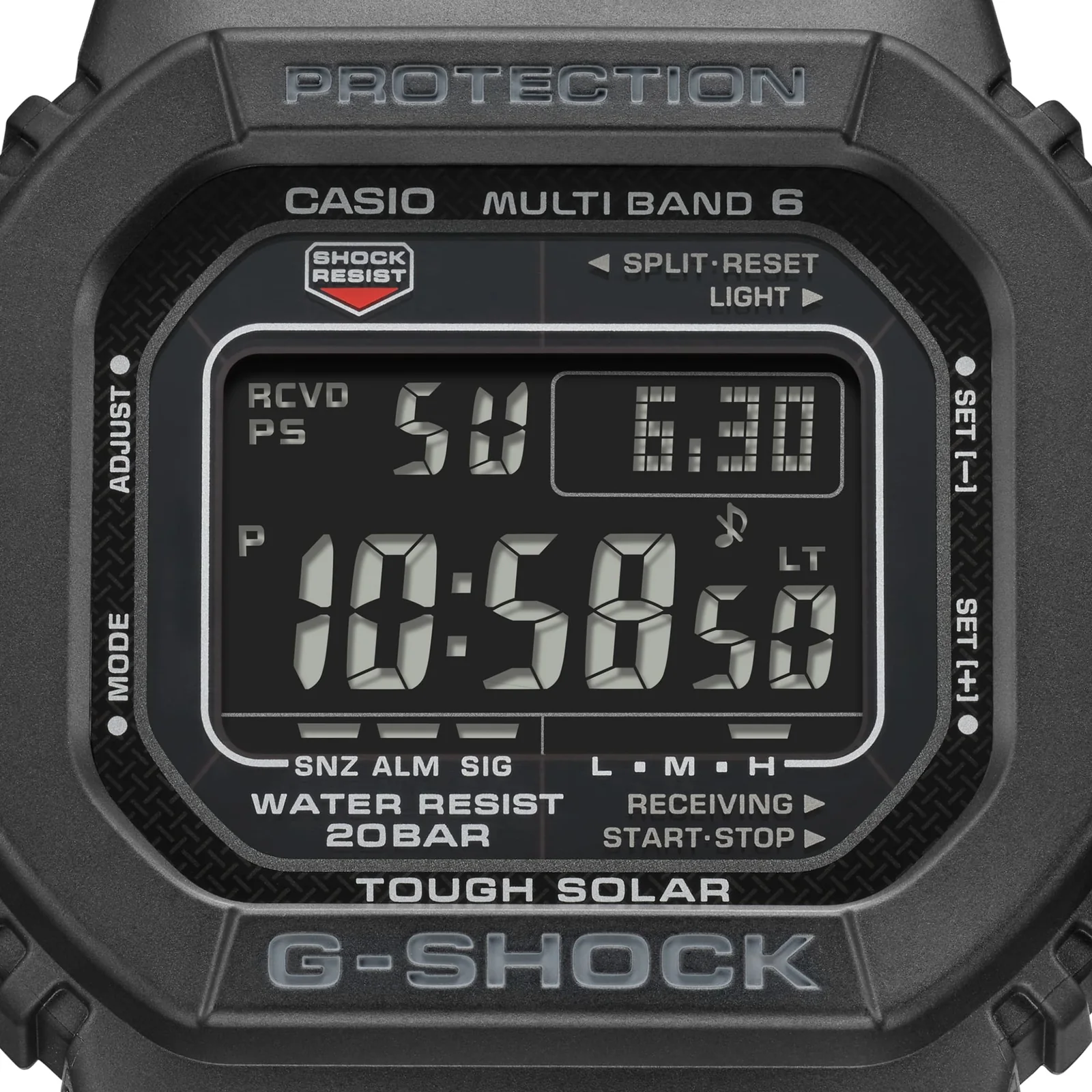 Nahaufnahme des digitalen Zifferblatts der G-SHOCK Armbanduhr GW-M5610U-1B in Schwarz mit weißen Akzenten, in klassischem achteckigen, schwarzen Gehäuse.