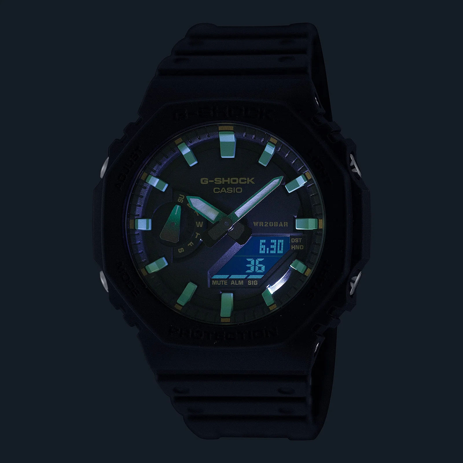 Nahaufnahme des digitalen Zifferblatts der G-SHOCK Armbanduhr GA-2100RC-1A mit aktivierter LED-Beleuchtung.