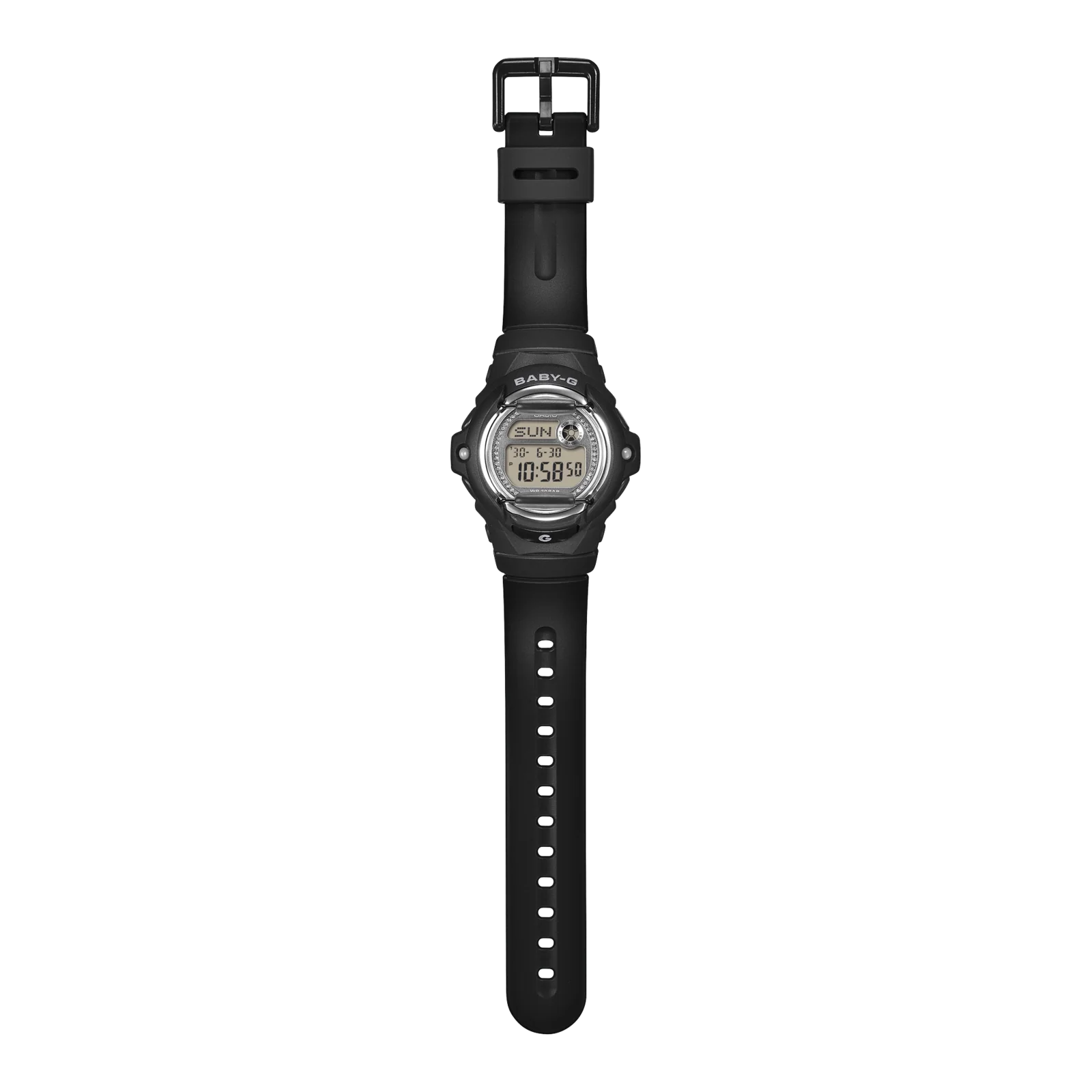 Gesamtansicht der schwarzen BABY-G Armbanduhr BG-169KB-1ER mit einem Ring aus glitzernden Steinen um das graue Zifferblatt herum