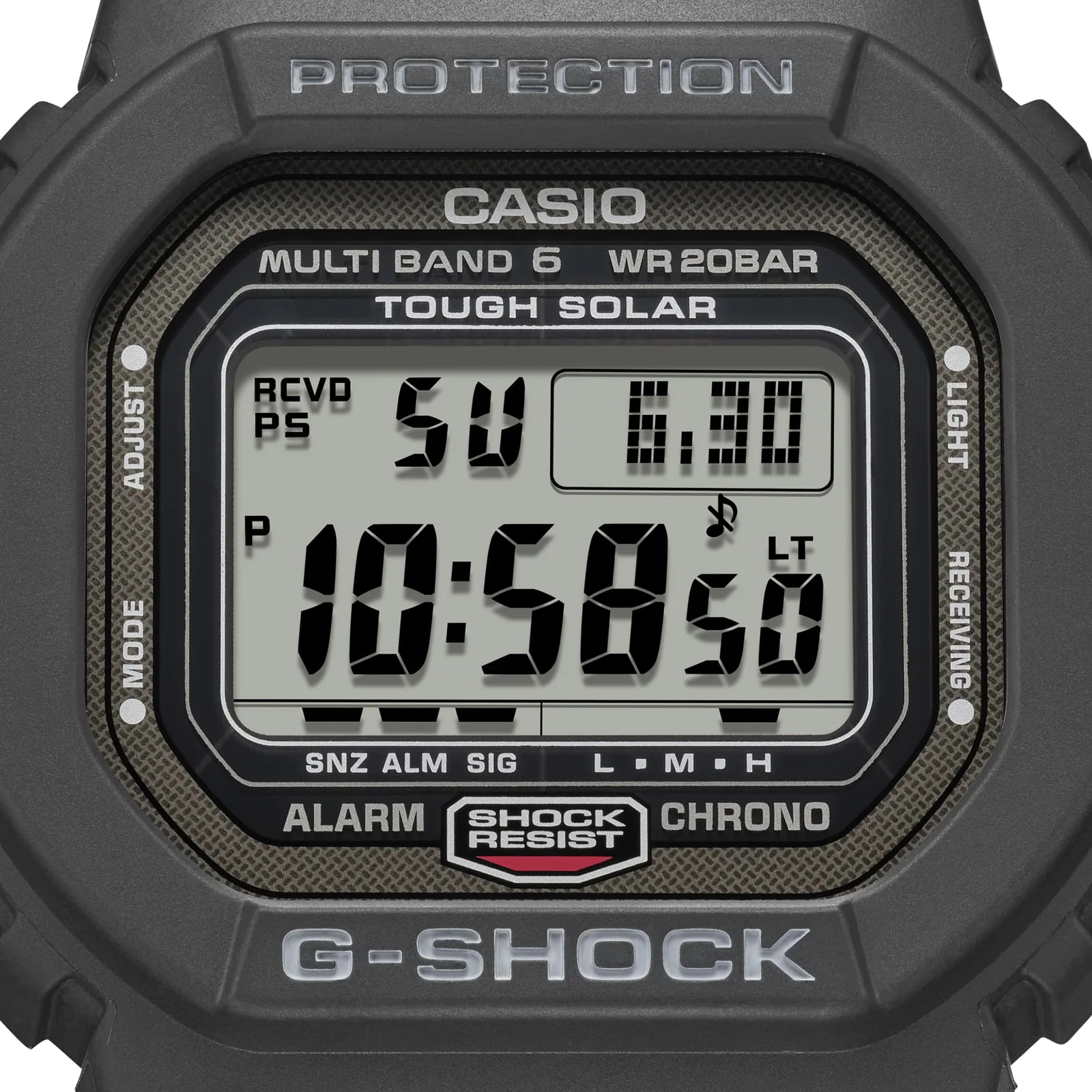 Nahaufnahme des digitalen Zifferblatts der G-SHOCK Armbanduhr GW-5000U-1 in Schwarz mit Details.