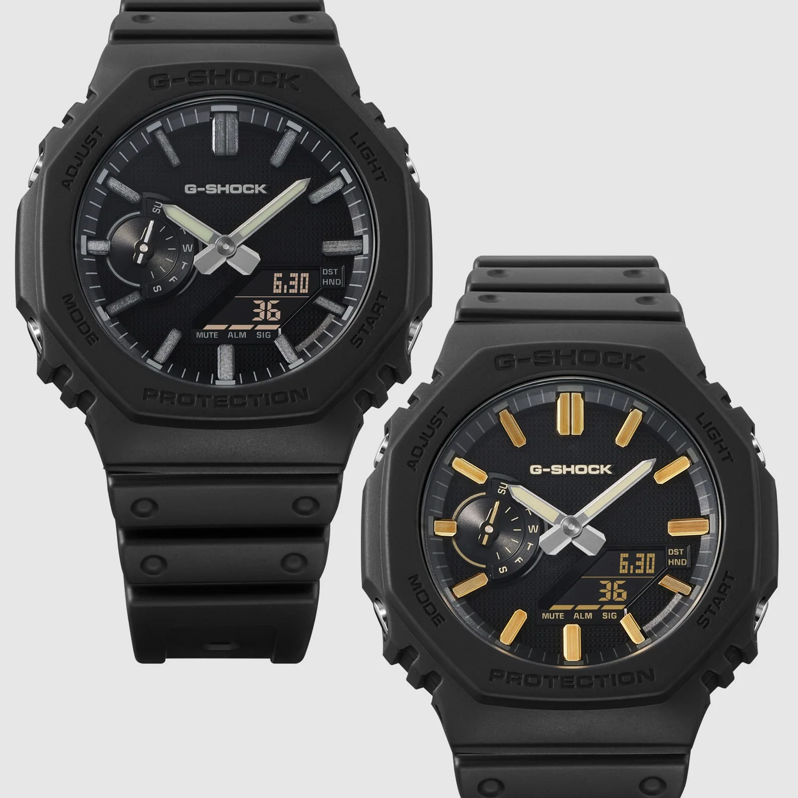 Zwei Modelle der GA-2100LXB Serie mit silbernen und goldenen Akzenten nebeneinander