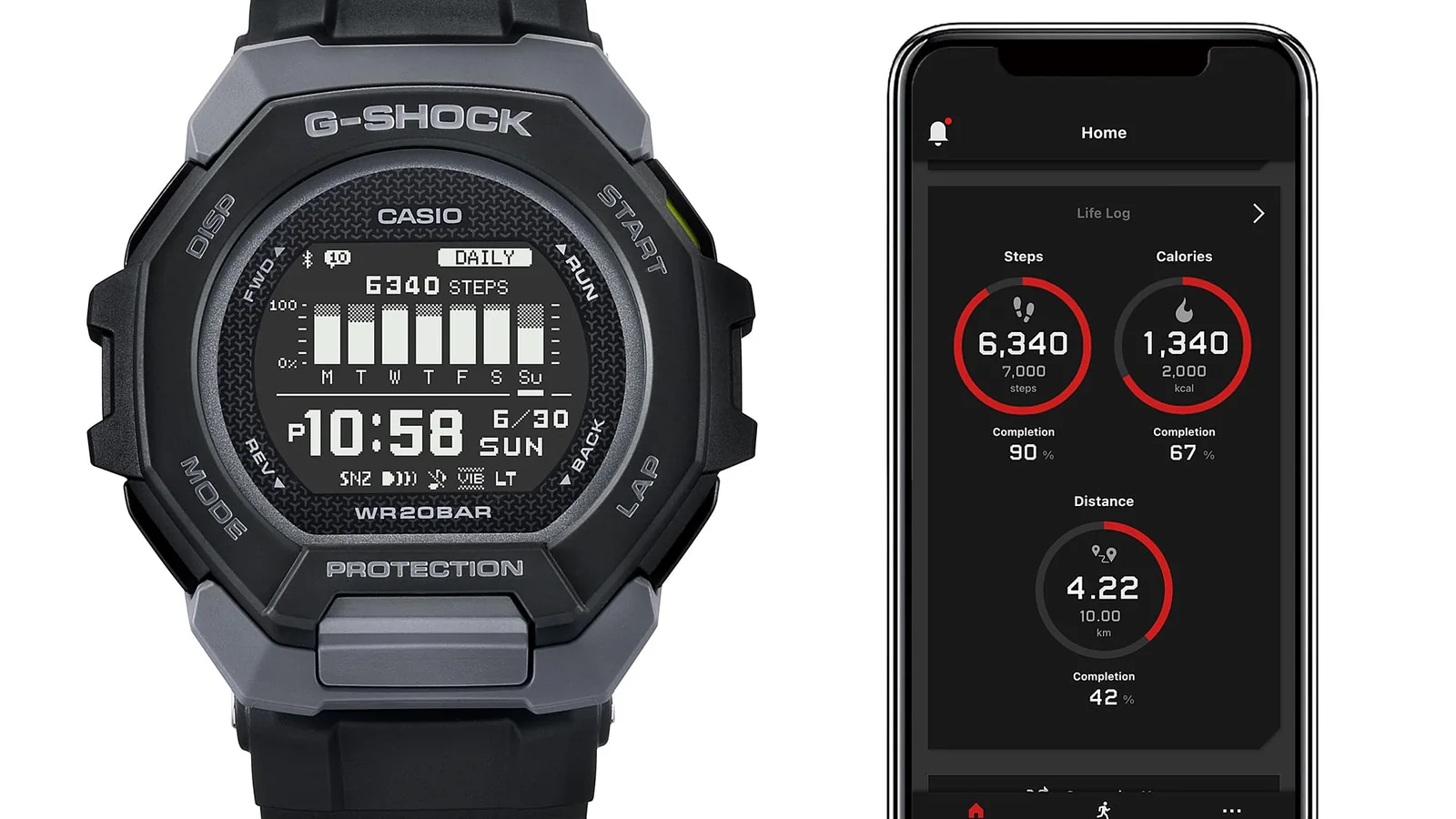 Die G-SHOCK Armbanduhr GBD-300-1 neben einem Smartphone, das eine Trainingsapp anzeigt, als Hinweis auf den Schrittzähler.