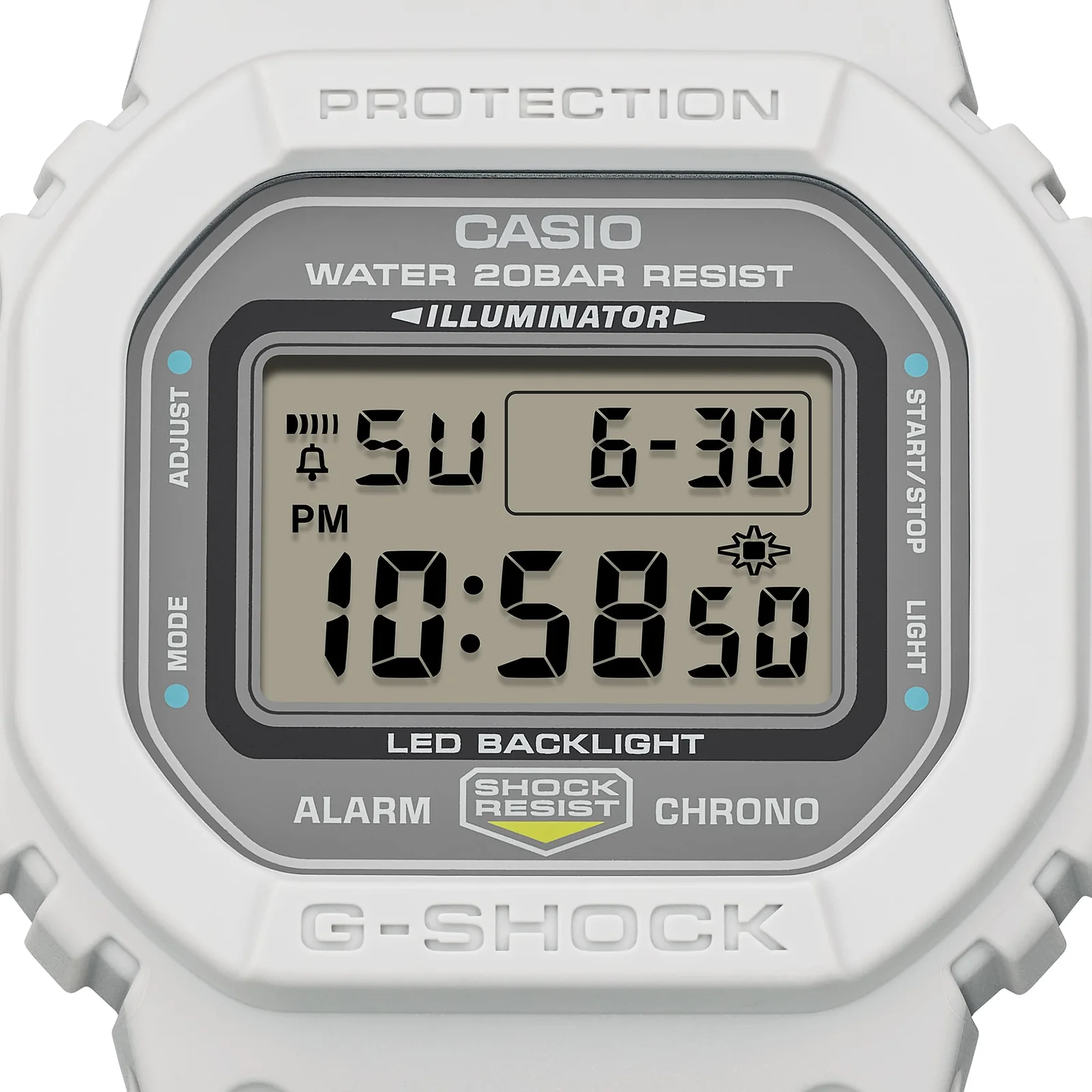 Nahaufnahme des digitalen Zifferblattes der Armbanduhr DW-5600MNC-7A8 mit Datums- und Zeitanzeige