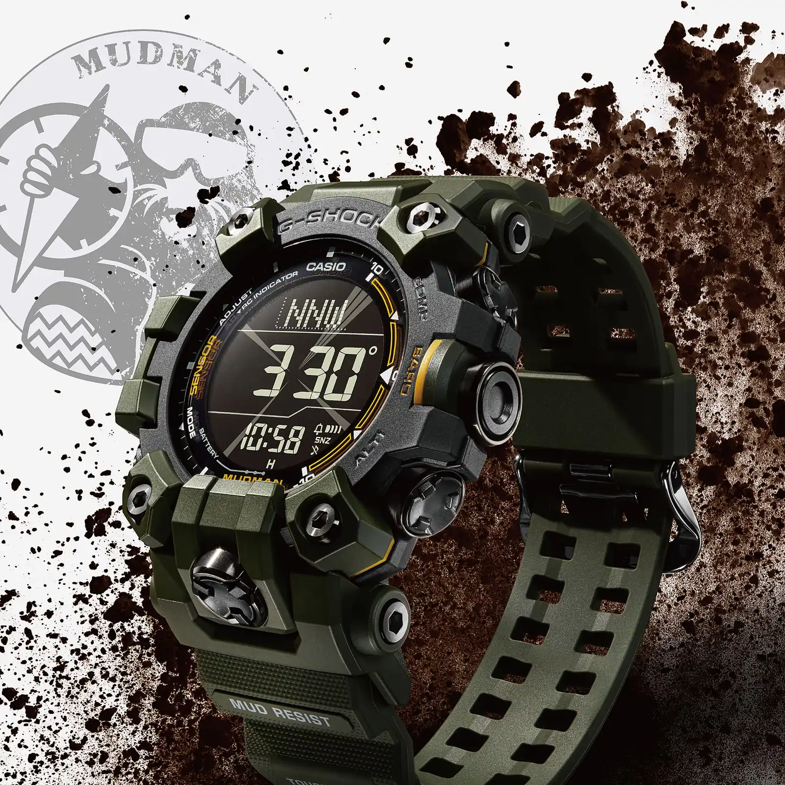 Eine seitliche Ansicht der G-SHOCK Armbanduhr GW-9500-3 vor dem Mudman Logo und künstlerisch gestaltetem "schmutzigem" Hintergrund.