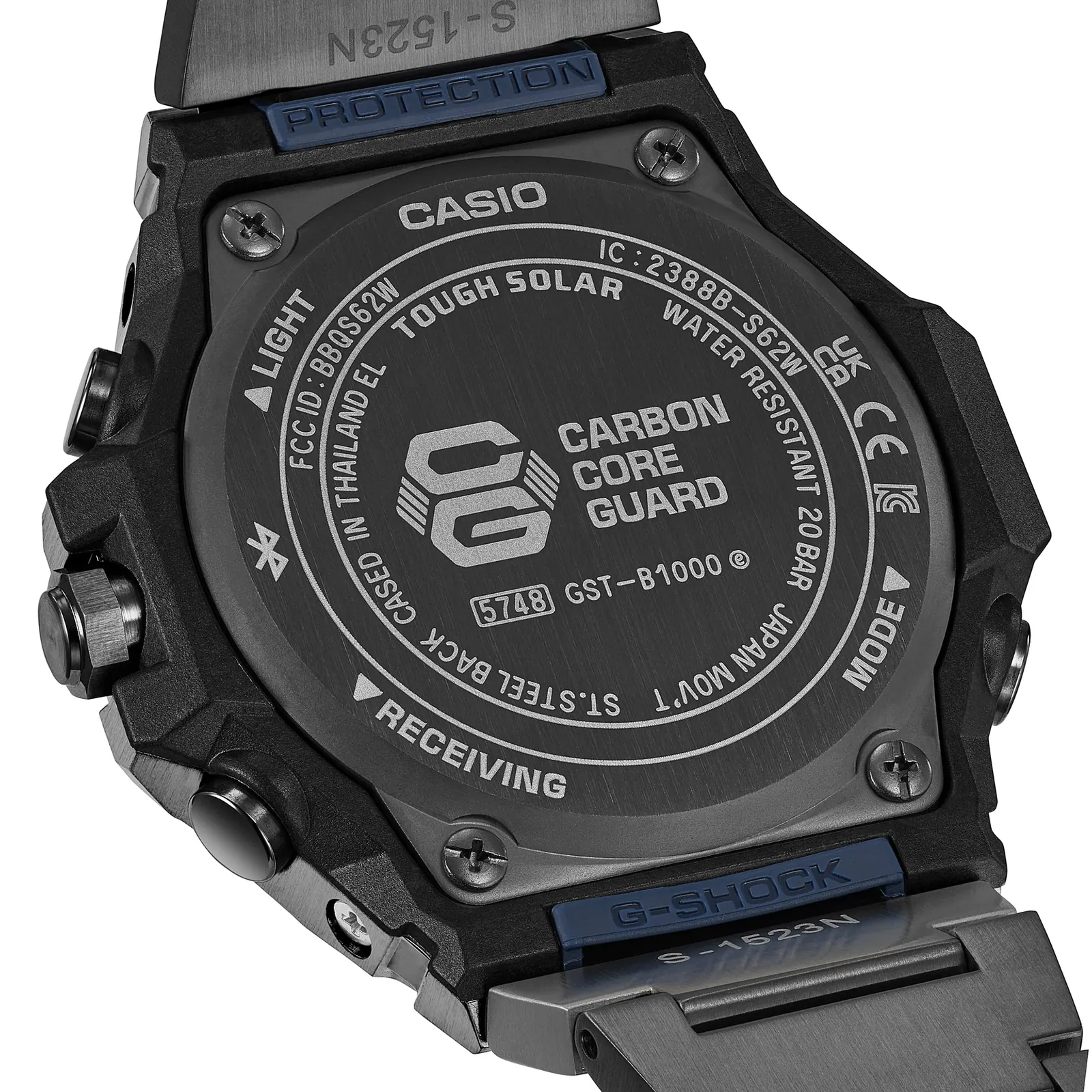 Auf der Rückseite der Armbanduhr GST-B1000BD-2AER ist der Schriftzug CARBON CORE GUARD Eingraviert