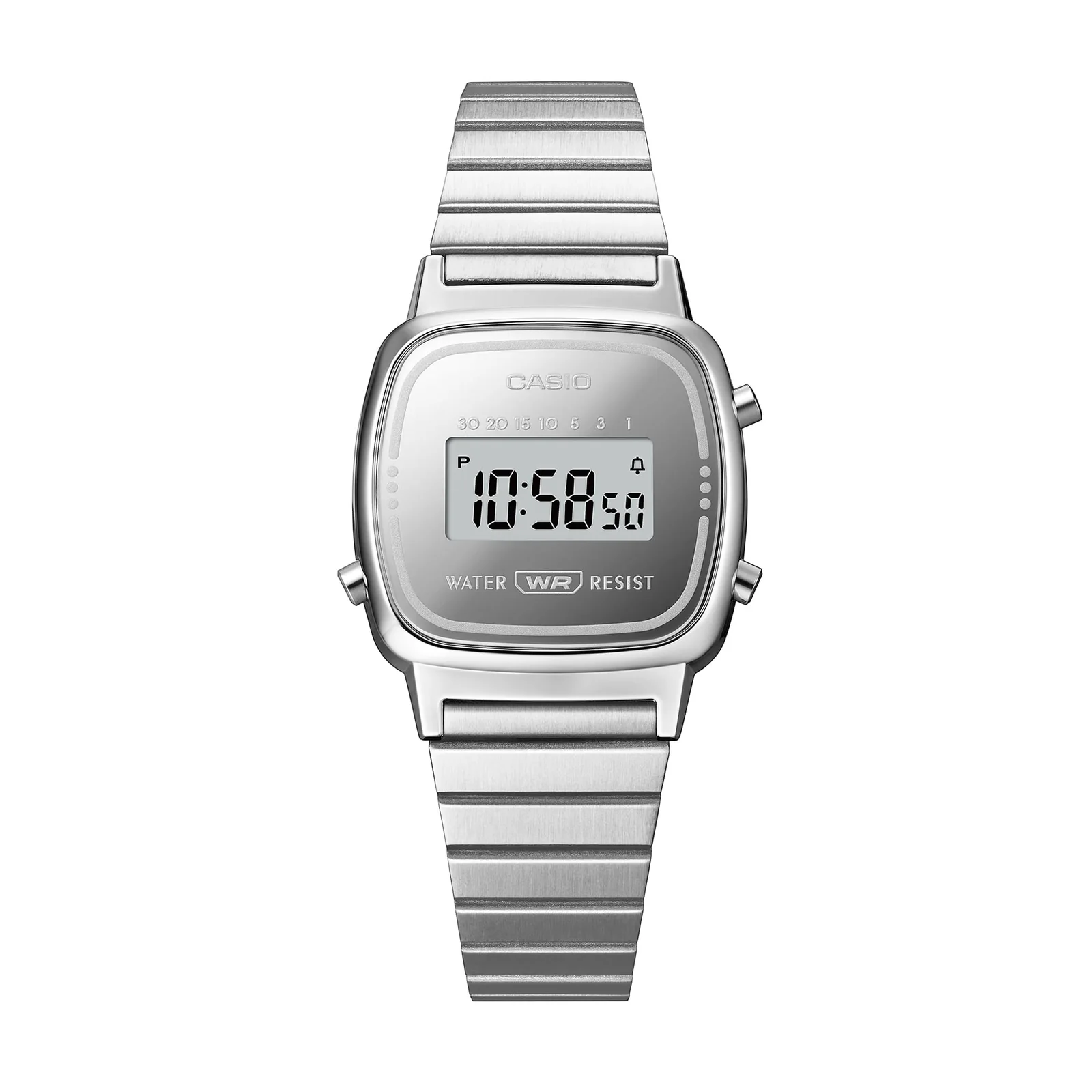Frontansicht der Digitaluhr LA670WES-7AEF mit dem Schriftzug WATER RESIST unter dem Digitaldisplay