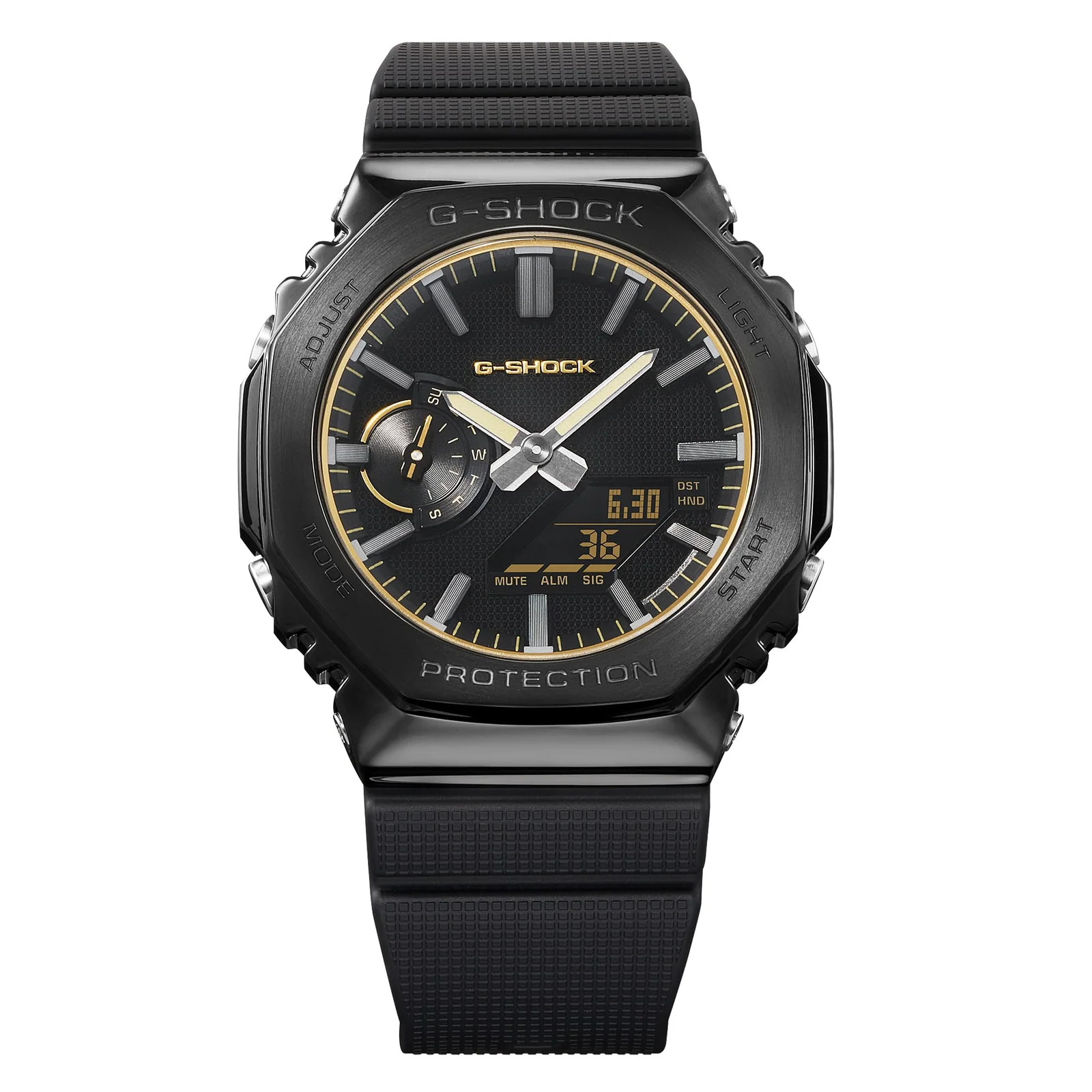 Auf der mattschwarzen Oberfläche des Zifferblattes der Armbanduhr GM-2100LXB-1A9ER kommen die goldenen Akzente zur Geltung
