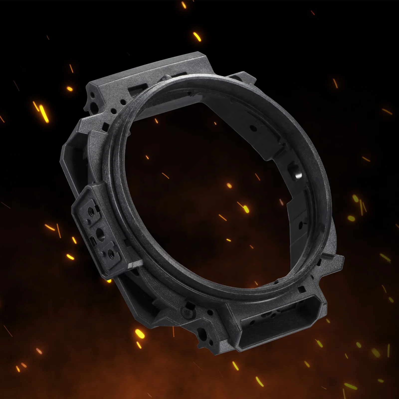 Das schwarze Gehäuse der PRO TREK PRG-69B-1ER aus flammhemmendem Material vor einem Hintergrund in dem Funken sprühen