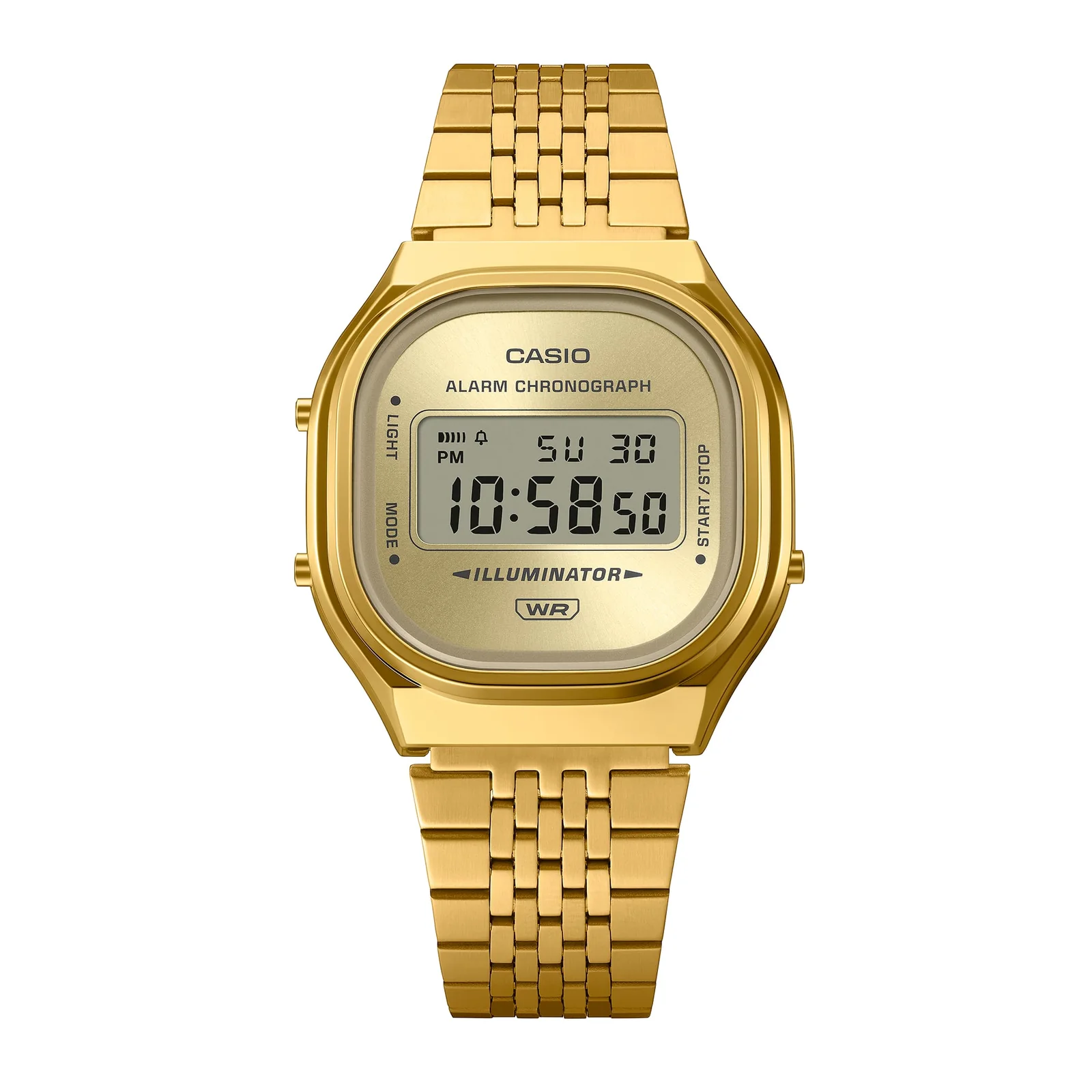 Frontansicht der goldenen Digitaluhr A140WEG-9AEF mit Sonnenschliff des Zifferblattes