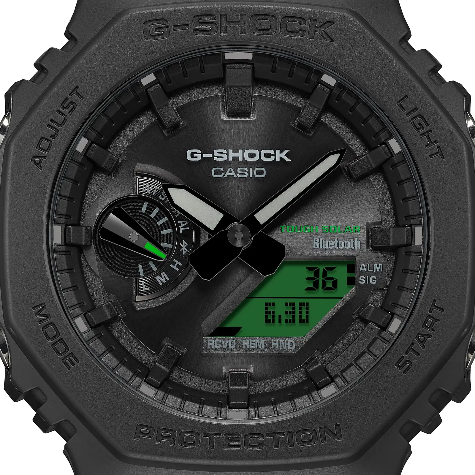 Nahaufnahme des schwarzen Zifferblattes mit grüner Digitalanzeige der G-SHOCK Armbanduhr GA-B2100BEG-1AER