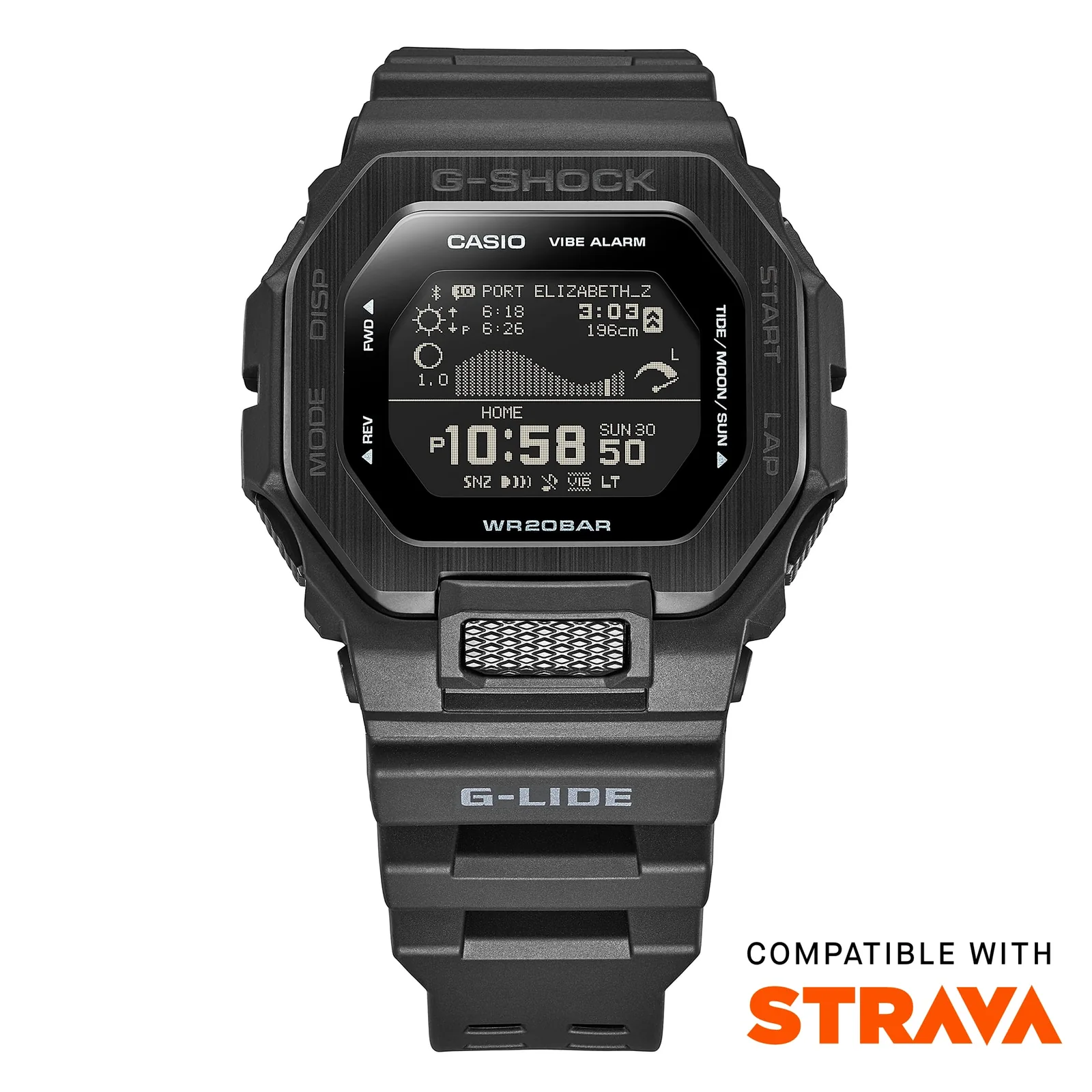 Frontansicht der GBX-100NS-1ER mit dem Schriftzug "Compatible with STRAVA" unten rechts in der Ecke