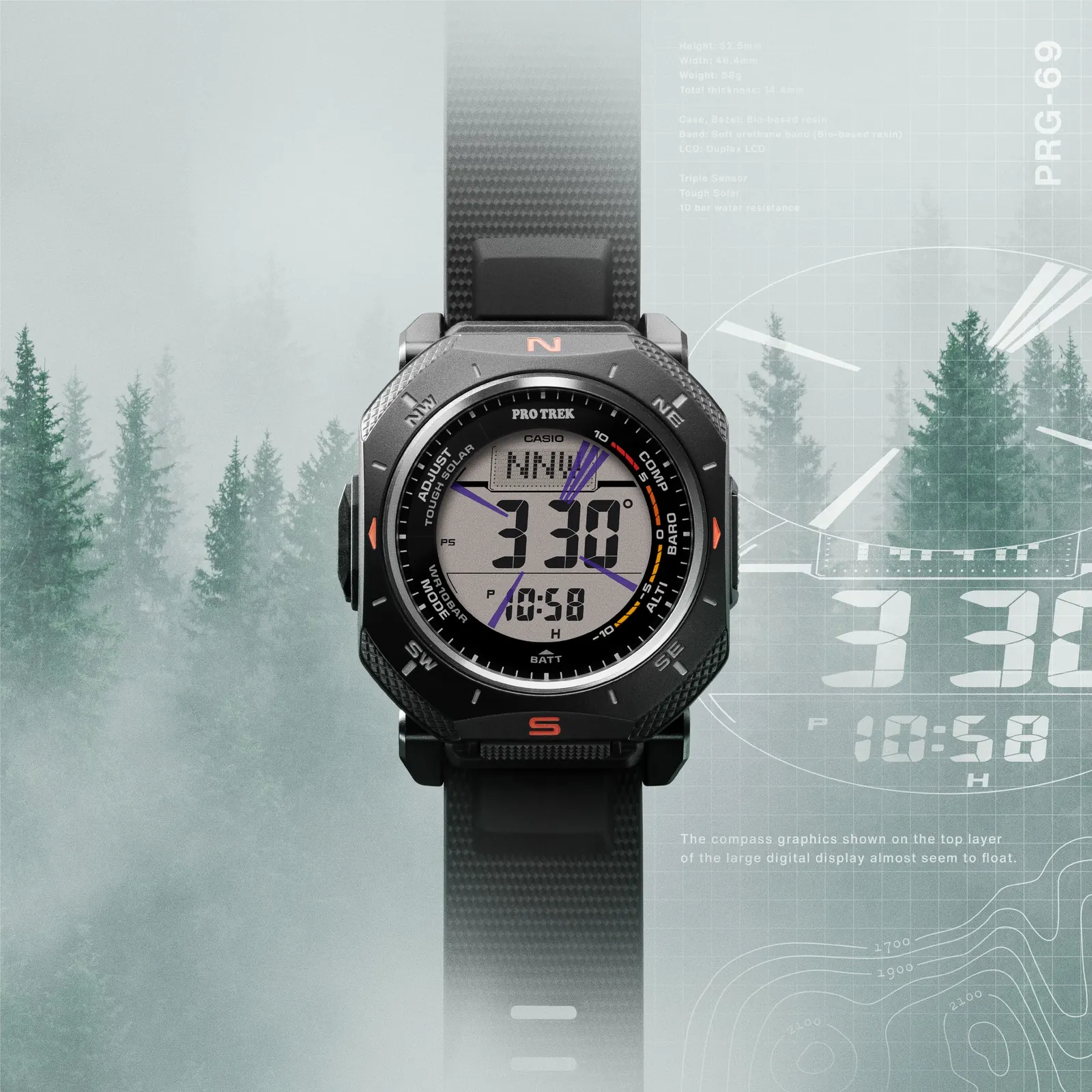 Die Digitaluhr PRG-69-1ER vor einem Hintergrund eines Nebelwaldes mit eingeschalteter Kompassanzeige auf dem Digitaldisplay