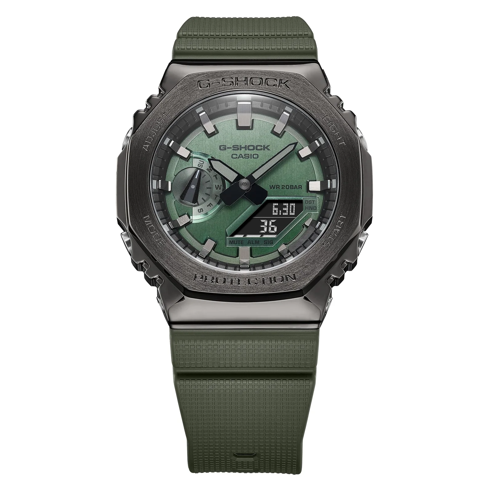 Gehäuse und Armband der G-SHOCK Armbanduhr GM-2100B-3A direkt von vorn.
