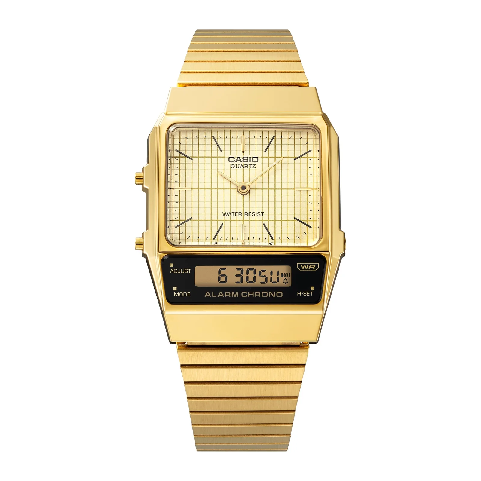 Lünette und Armband der CASIO VINTAGE COLLECTION Armbanduhr AQ-800EG-9A direkt von vorn.