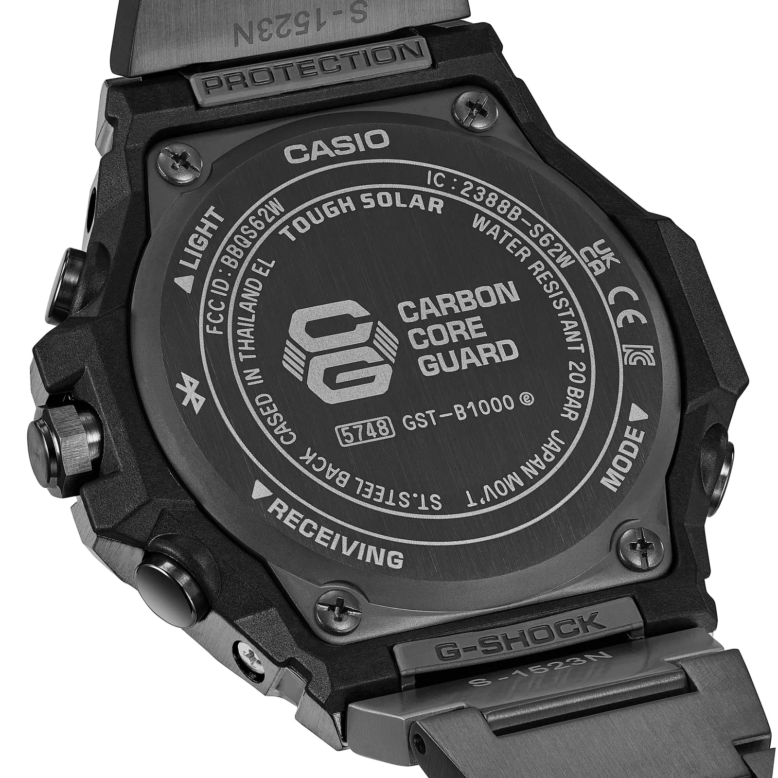 Auf der Rückseite der schwarzen GST-B1000BD-1AER Armbanduhr ist CARBON CORE GUARD eingraviert