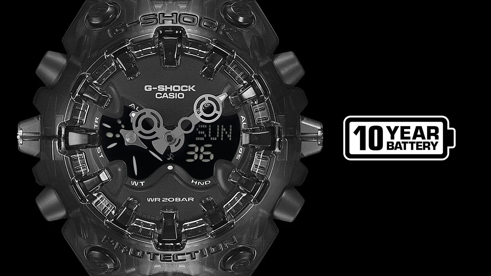 Die G-SHOCK GA-V01SKE-8AER hat eine Batterie mit einer Lebensdauer von bis zu 10 Jahren und ein analog-digitales Zifferblatt mit großen Indizes, die das Glas überlappen