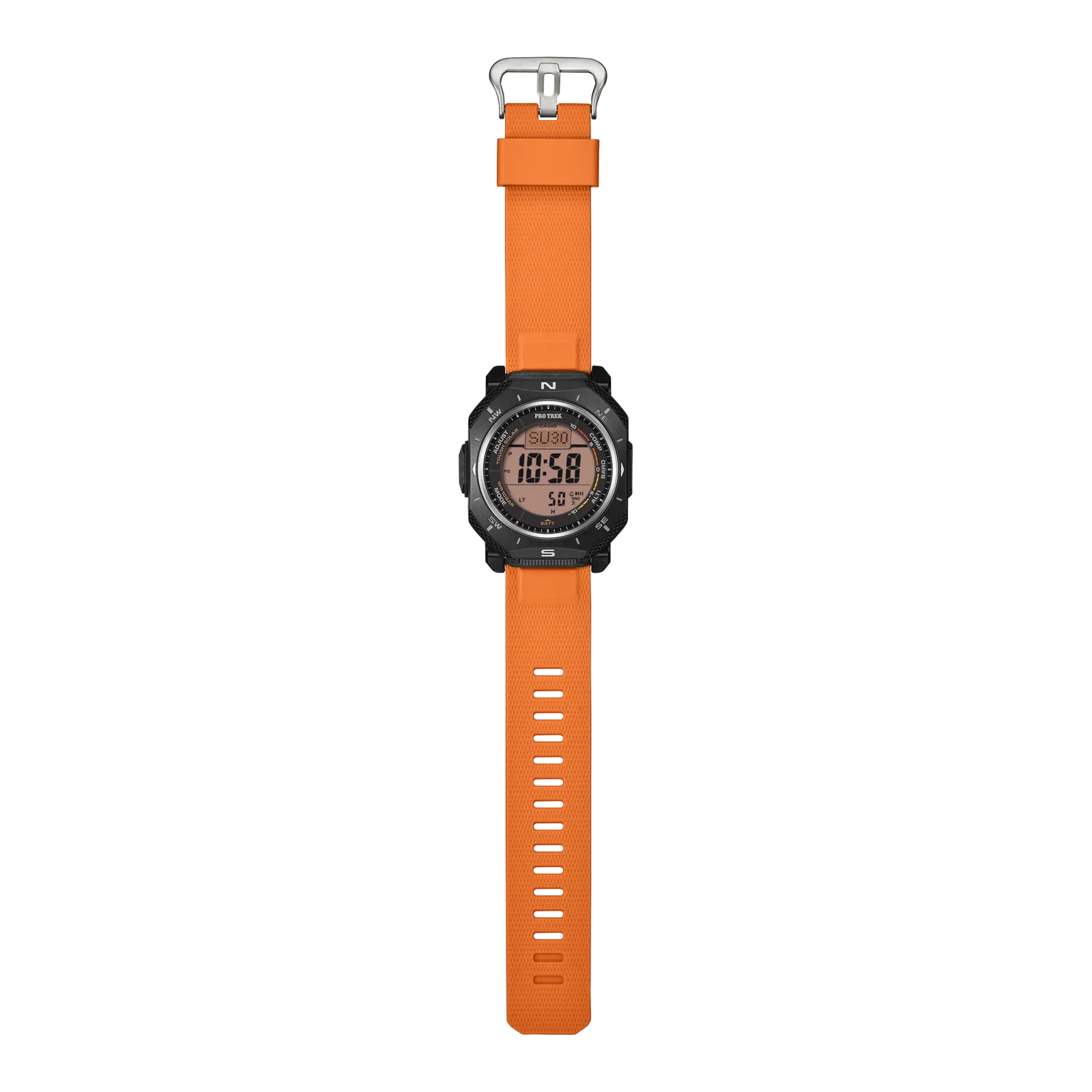 Gesamtansicht der PRG-69-4ER mit orangenem Armband, schwarzem Gehäuse und silberner Schließe