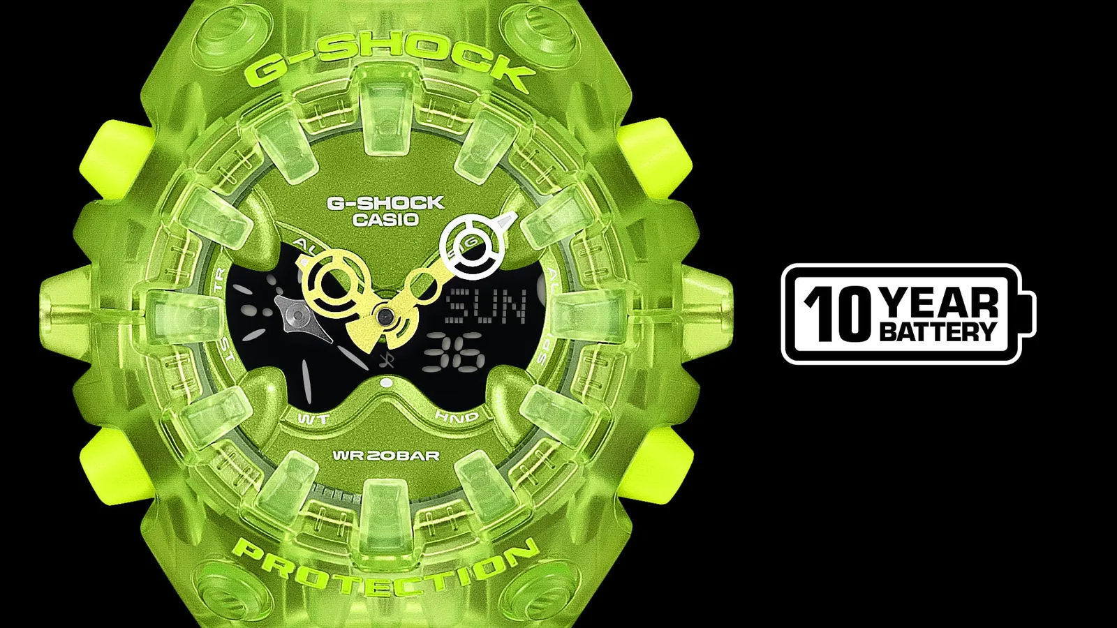 Die G-SHOCK GA-V01SKE-3AER hat eine Batterie mit einer Lebensdauer von bis zu 10 Jahren und ein analog-digitales Zifferblatt mit großen Indizes, die das Glas überlappen