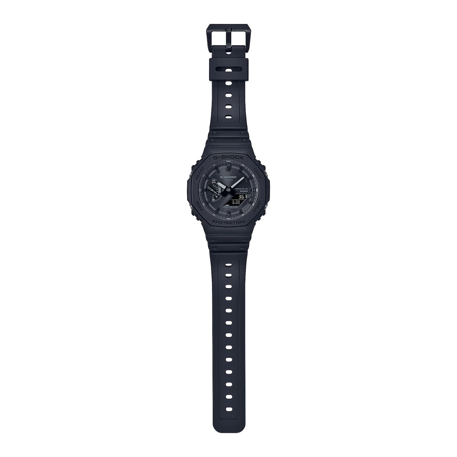 Komplettansicht der flach liegenden G-SHOCK Armbanduhr GA-B2100-1A1.