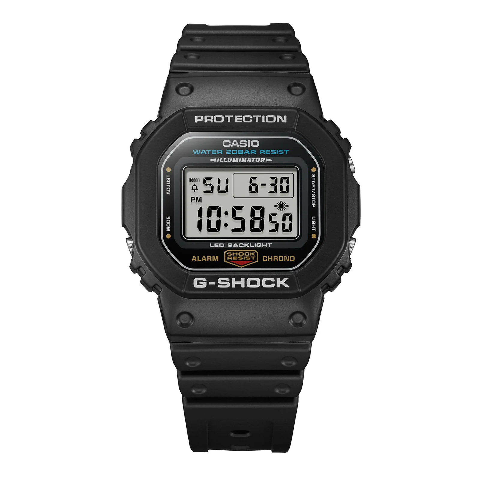 Gehäuse und Armband der G-SHOCK Armbanduhr DW-5600UE-1 direkt von vorn.