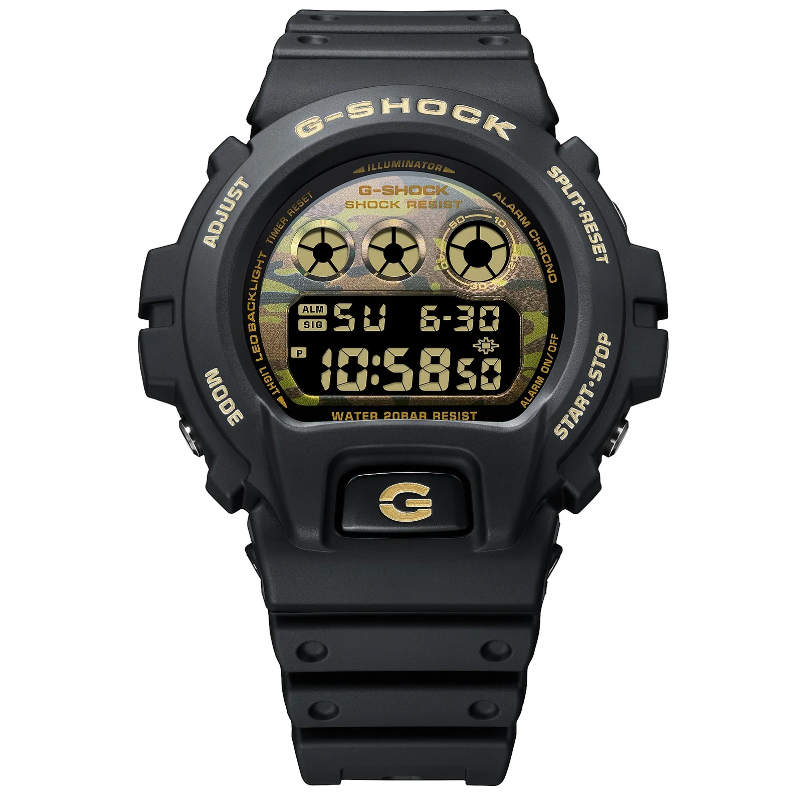 Auf dem Zifferblatt der Armbanduhr DW-6900CF-1ER ist ein Camouflage Muster in Grün-, Braun- und Schwarz-Tönen zu sehen