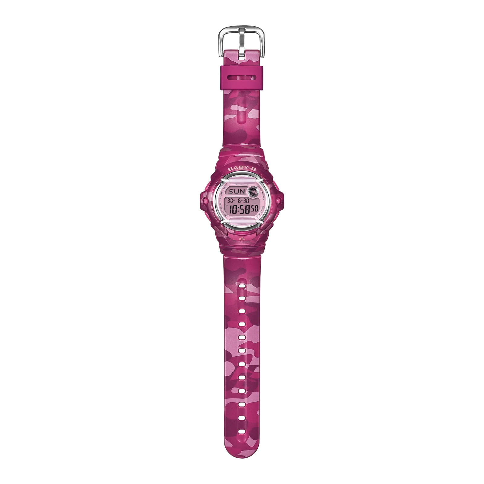 Das Camouflage Muster in verschiedenen Pink-Tönen zieht sich über Armband und Gehäuse der BABY-G BG-169CM-4ER