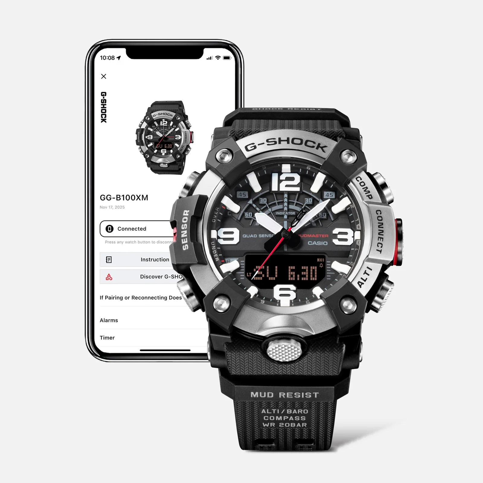 Die G-SHOCK GG-B100XM-1AER neben einem Smartphone auf dessen Display ebenfalls die GG-B100XM-1AER zu sehen ist