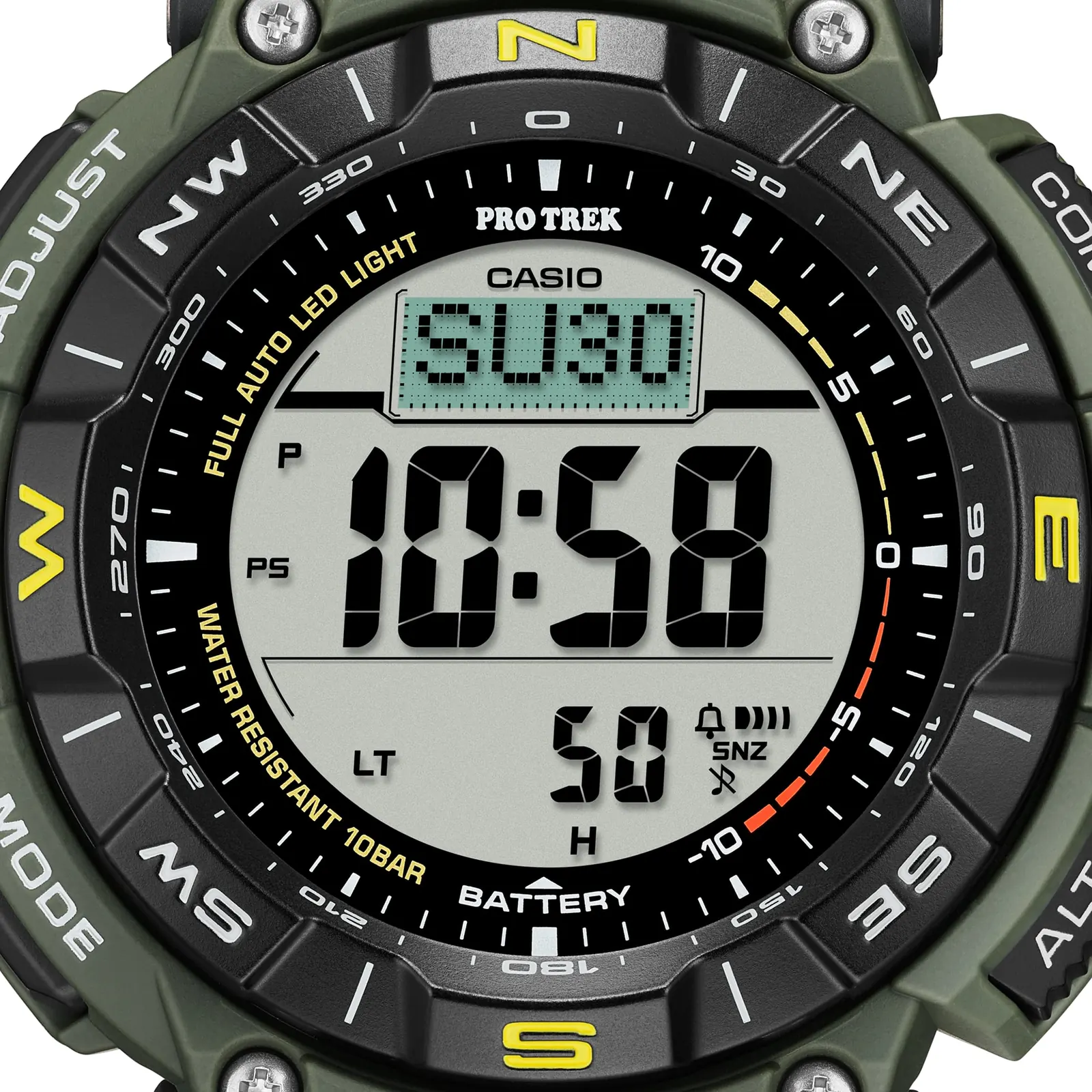 Nahaufnahme des digitalen Zifferblatts der PRO TREK Armbanduhr PRG-340-3 umrandet in Schwarz mit Akzenten in Weiß, Gelb, Rot und Grün sowie einer schwarzen Lünette mit acht Angaben zu Himmelsrichtungen in Gelb und Weiß.