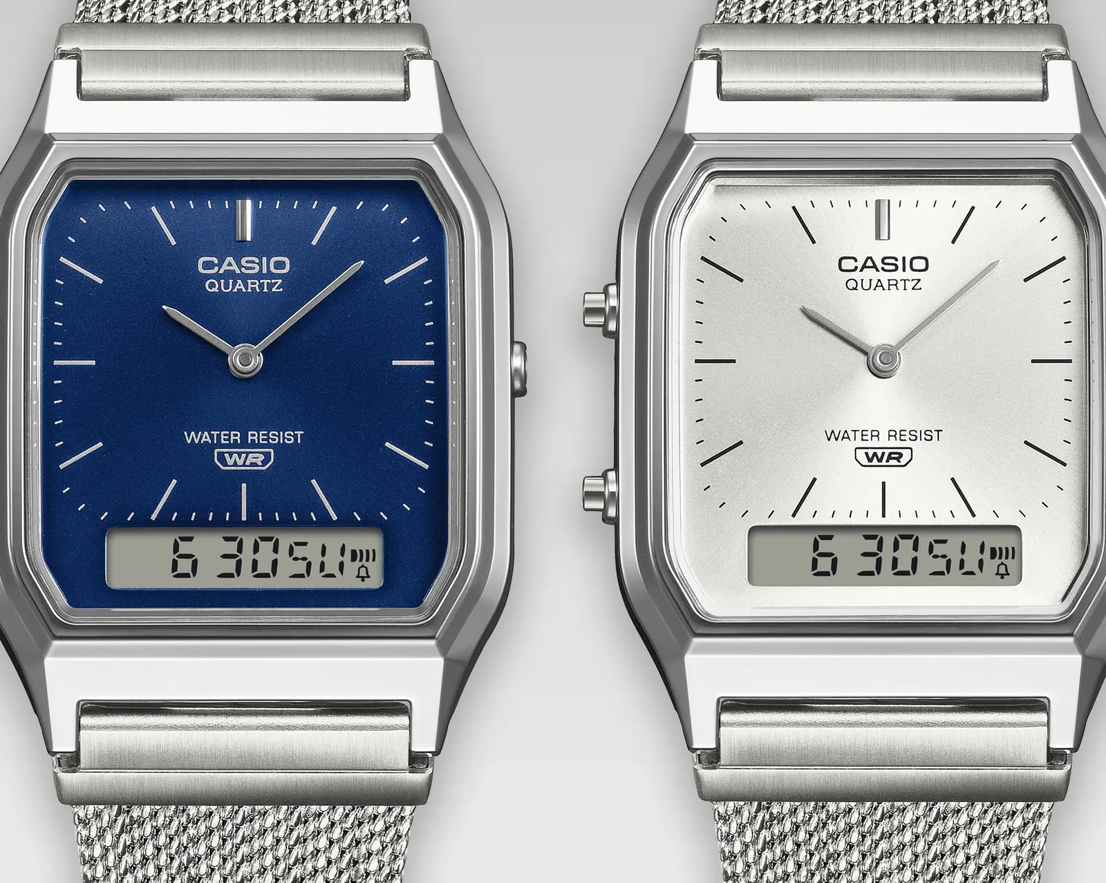 Die beiden Modelle AQ-230EM-2AEF und AQ-230EM-7AEF nebeneinander. Beide haben ein Mesh-Armband