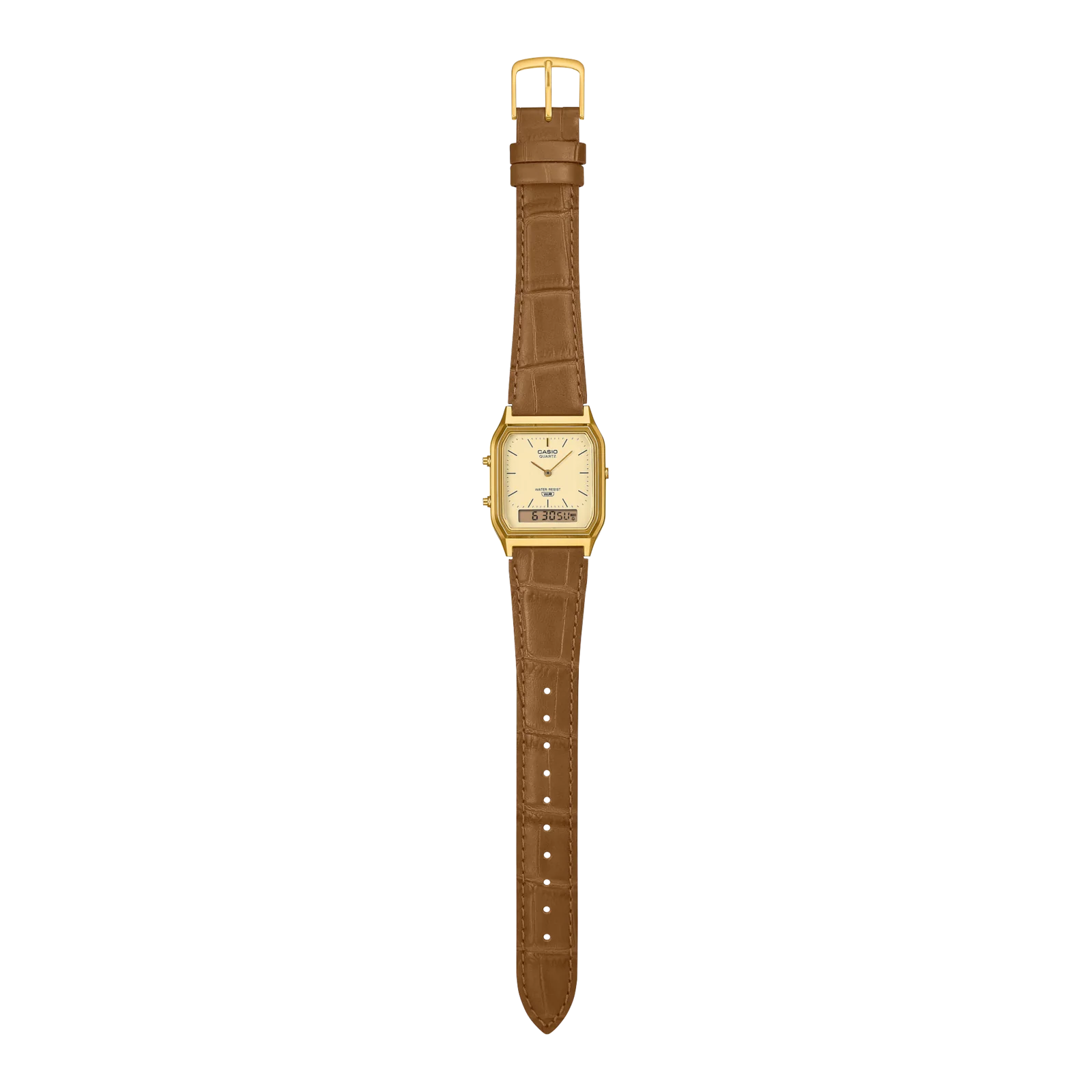 Gesamtansicht der AQ-230EGL-9AEF mit geöffnetem braunen Lederarmband