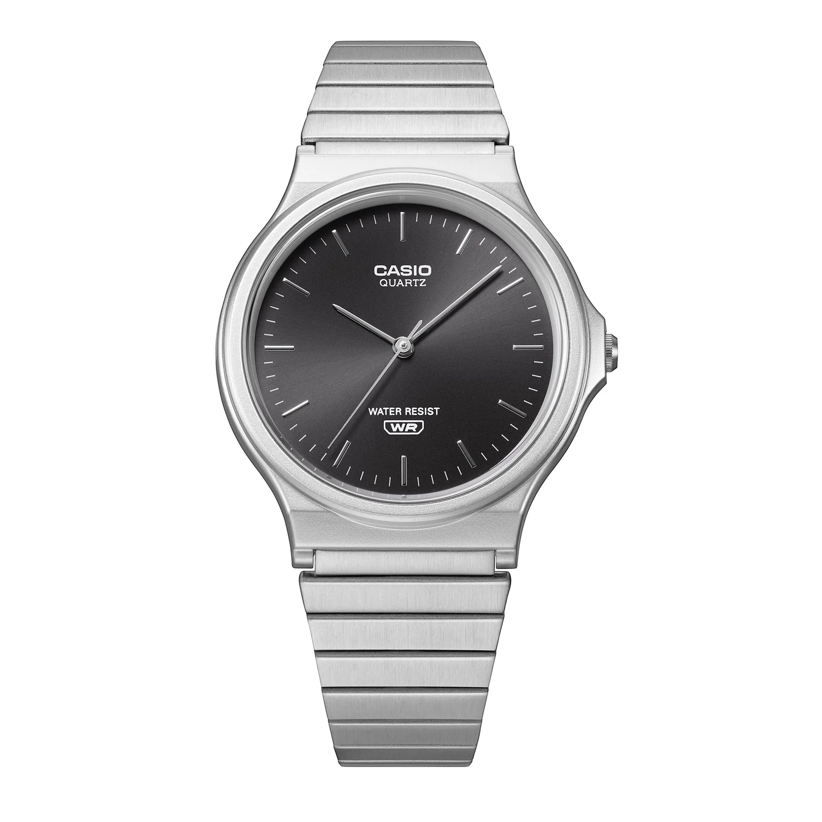 Die Armbanduhr MQ-24DA-1AEF der CASIO VINTAGE COLLECTION hat drei Zeiger und silberne Indizes auf dem schwarzen Zifferblatt