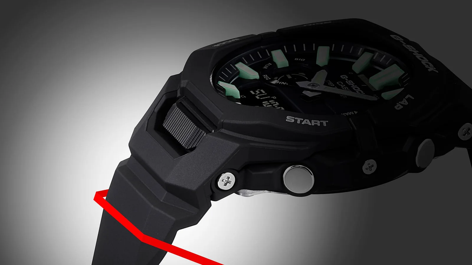 Seitliche Ansicht der GBA-950-1AER bei der die außergewöhnliche Verbindung von Gehäuse und Armband deutlich wird