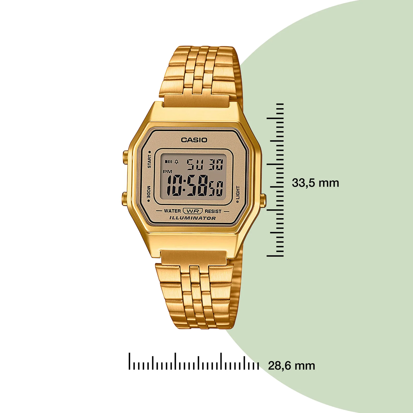 Gehäuse und Armband der CASIO VINTAGE COLLECTION Armbanduhr LA680WEGA-9 direkt von vorn, mit einer Millimeter-Skala und der Angabe 33,5 mm rechts neben dem Gehäuse und einer Millimeter-Skala und der Angabe 28,5 mm unterhalb der Uhr für die Breite des Gehäuses.