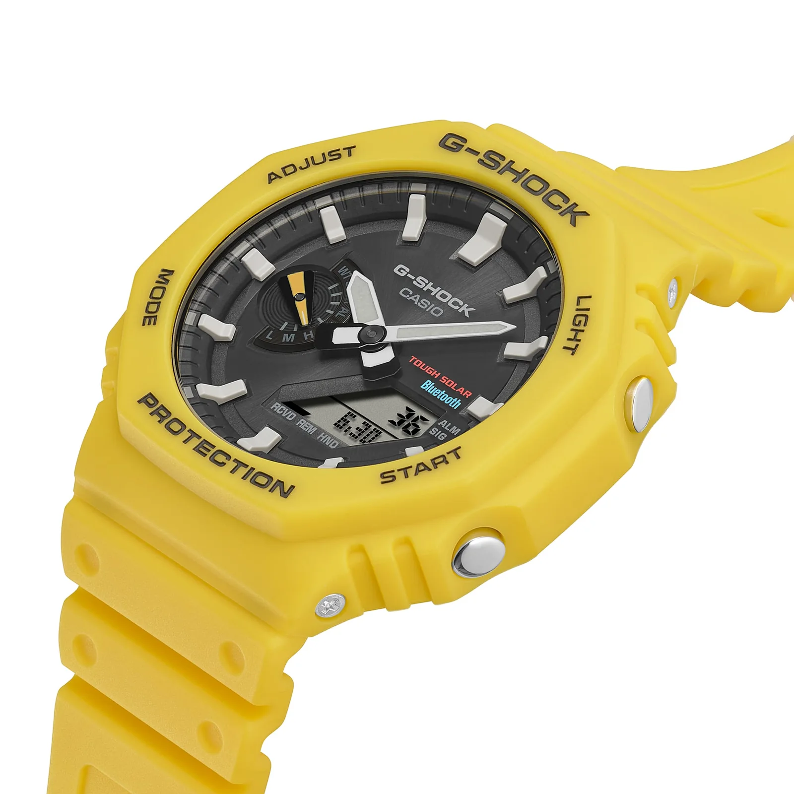 Die seitliche Ansicht der G-SHOCK Armbanduhr GA-B2100C-9A zeigt die silberfarbenen Bedienknöpfe rechts außen am Gehäuse.