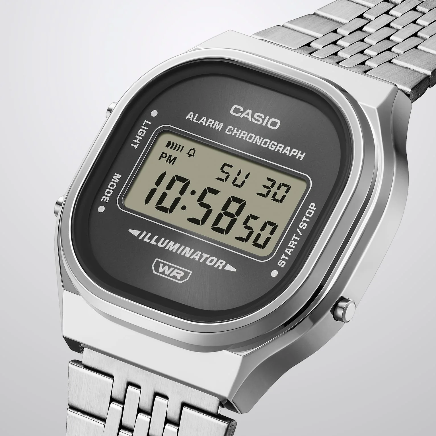 Abgerundetes, viereckiges Gehäuse der Armbanduhr A140WE-8AEF von CASIO Vintage Collection