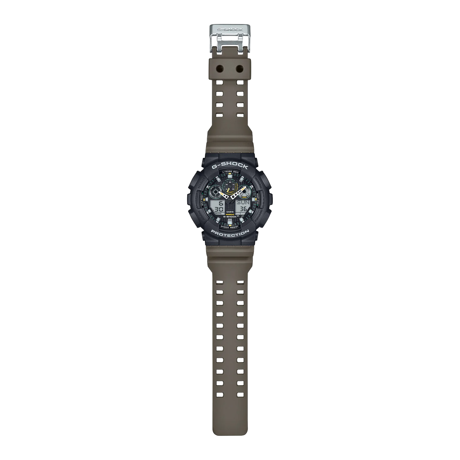 Komplettansicht der flach liegenden G-SHOCK Armbanduhr GA-100TU-1A3.