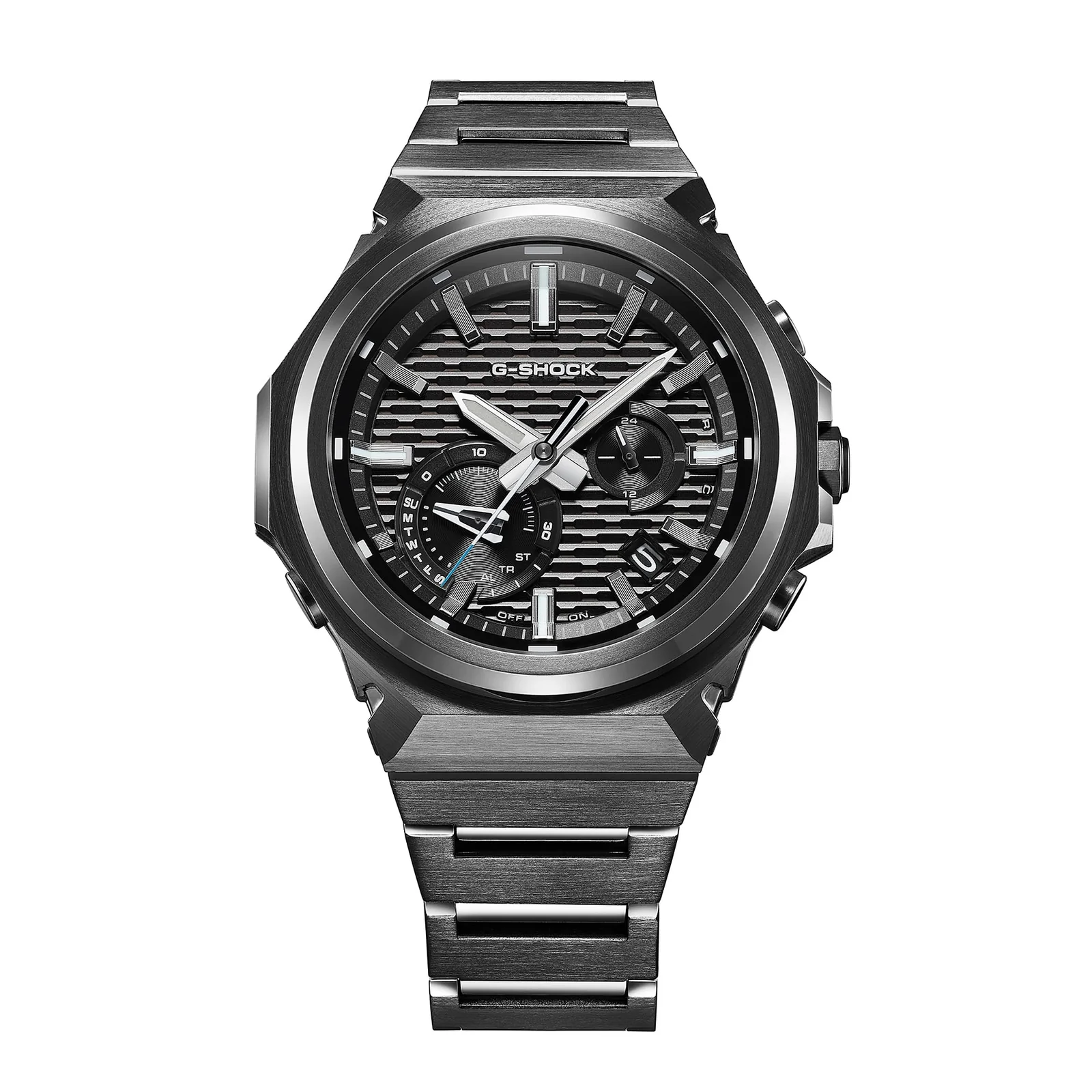 Das schwarze Zifferblatt der G-SHOCK Armbanduhr GST-B1000BD-1AER ist mit einem Ziegelsteinmuster versehen