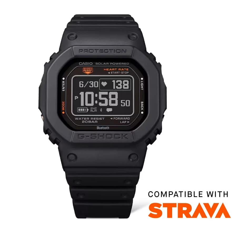 Gehäuse und Armband der G-SHOCK Armbanduhr DW-H5600-1 direkt von vorn, neben dem Hinweis "Compatible with STRAVA".