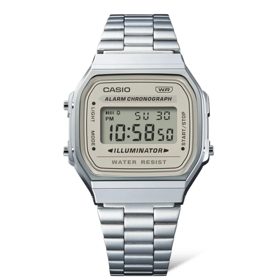 Die CASIO VINTAGE COLLECTION Armbanduhr A168WA-8AY mit digitalem Zifferblatt in Grau und einem Armband aus Edelstahl.