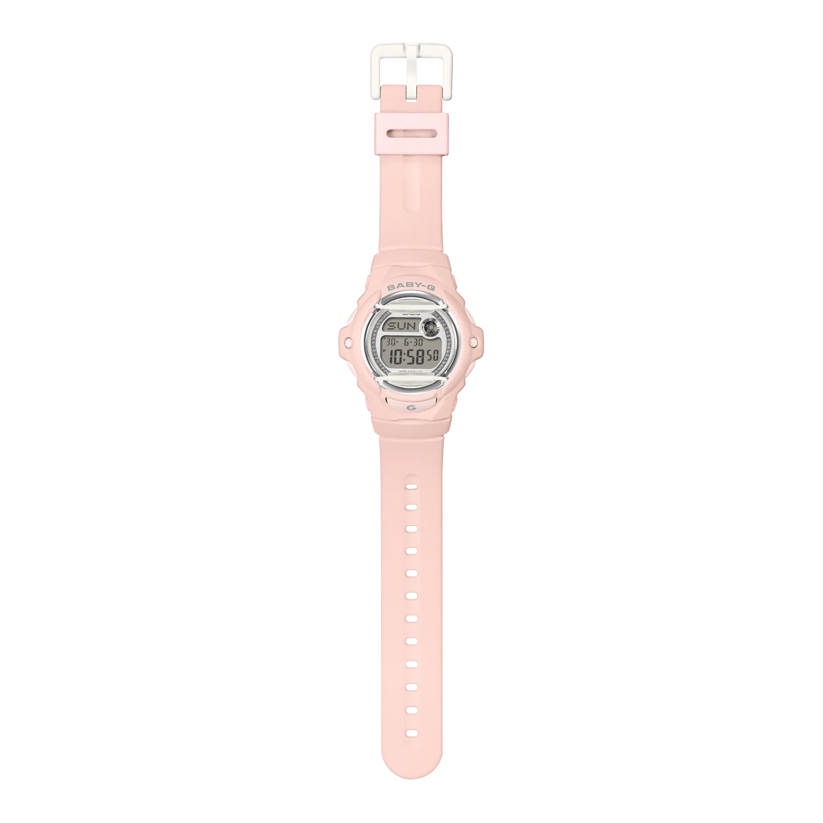 Gesamtansicht der rosafarbenen Armbanduhr BG-169KB-4ER von BABY-G mit weißer Schließe und weißen Bügeln am Gehäuse