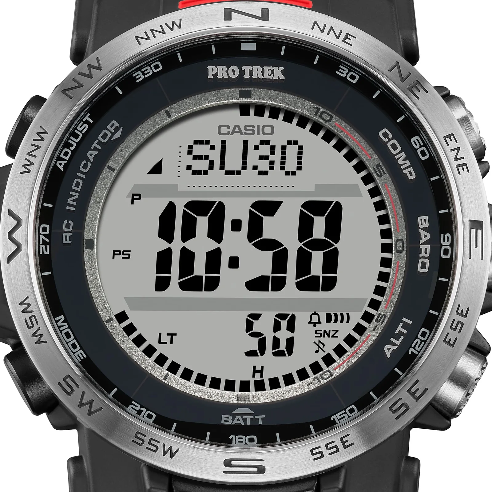 Nahaufnahme des digitalen Zifferblatts der PRO TREK Armbanduhr PRW-35-1A, umrandet in Silber und Schwarz mit Akzenten in Silber und Rot sowie einer silberfarbenen Lünette mit Markierungen für 16 Himmelsrichtungen.
