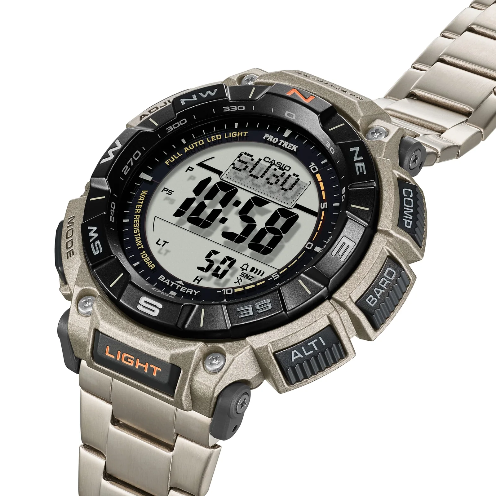 Die seitliche Nahaufnahme der PRO TREK Armbanduhr PRG-340T-7 zeigt die Bedientasten "Alti", "Bari" und "Comp" rechts außen am Gehäuse.